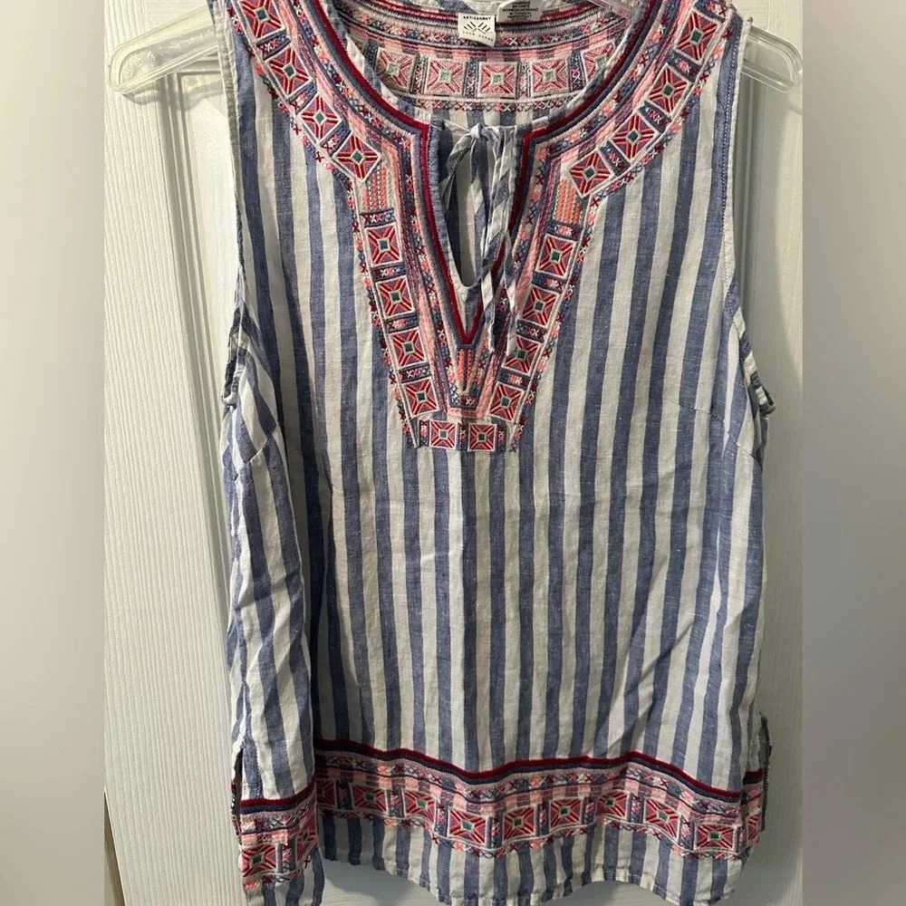 Artisanny Size Small Embroidered Detail Stripped Tank Vacation Casual